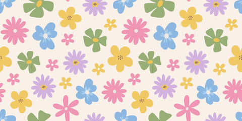 Vintage seamless pattern showcasing hand-drawn groovy daisy flowers. A fusion of Y2K, 60s, 70s, and 80s aesthetics. Ideal for textiles, wallpapers, packaging, and digital design projects.