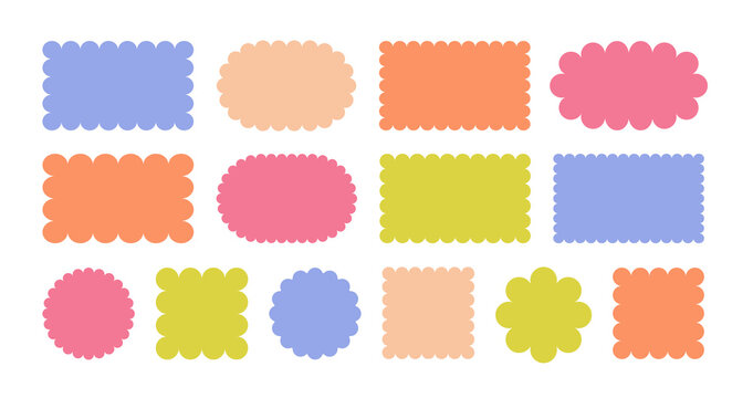 Set or colorful rectangular, oval, circle shapes with squiggly borders. Tags, labels, stamps, crackers, coupons. Rectangle boxes with curved, wavy edges isolated on a white background. Vector