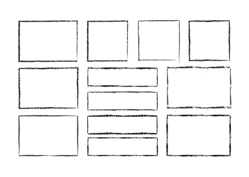 Set of grunge square and rectangle frames. Black ink empty boxes and rectangle borders collection. Vector illustration isolated on a white background.