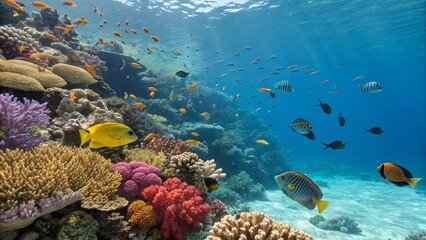 Fototapeta premium Vibrant coral reef teeming with marine life, schools of fish swimming around colorful corals, crystal-clear water. Ultra-detailed, high-resolution 8K.