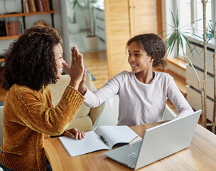 mother child home family homework daughter teenage parent education teamwork high five teen girl...