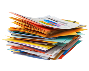 A stack of financial reports with colorful charts and graphs showcasing business data.