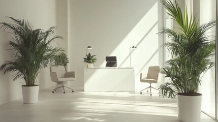 Modern office interior with natural light, plants, and contemporary furniture in a spacious design setting. Generative AI
