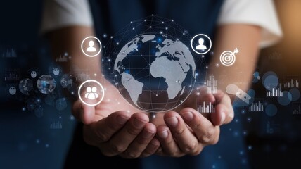 Fototapeta premium Hands holding digital globe with connection icons and data