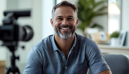 Young businessman gives video testimonial in modern office. Relaxed, smiling man in casual attire records corporate video. Indoor scene. Pro, tech savvy. Happy man in casual shirt. Pro communication.