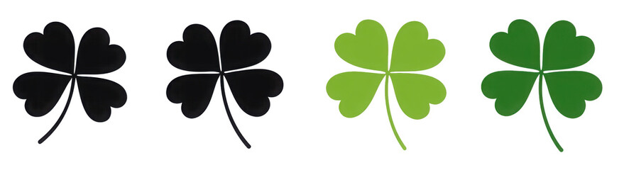 Four shamrock icons in contrasting black and green. Perfect for St. Patrick's Day themes, symbolizing Irish luck and festive celebrations