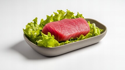 Fresh tuna steak on a bed of lettuce, minimalist food photography.