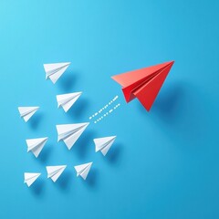 Group of paper planes flying together with one red plane pointing in a different direction for innovative business solutions. Generative AI