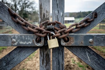 Rusty chains secure a wooden gate leading to a rural field on an overcast day