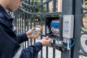 Technician conducts electrical maintenance on gate control system with multimeter in outdoor setting