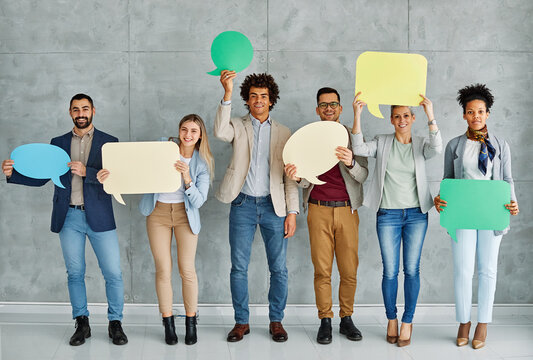 sign business man woman holding blank group message team businessman banner speech bubble copy space young showing businesswoman communication teamwork colleague - Powered by Adobe