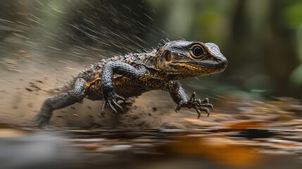 Naklejka premium Lizard running in forest floor, action shot, nature scene, wildlife