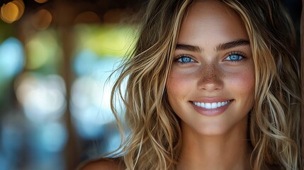 Obraz premium Smiling woman, beach bokeh, summer portrait, tropical backdrop, beauty ad