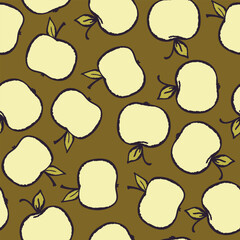 Seamless pattern with apple on color background. Natural delicious fresh ripe tasty fruit. Vector illustration for print, fabric, textile, banner, design. Stylized apples with leaves. Food concept.