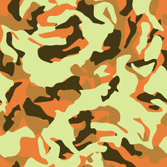 
seamless abstract pattern consisting of various shades of yellow, brown, orange.
a sense of depth, chaotic and dynamic composition. The overall effect is a camouflage combination of different colors 