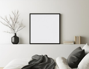 Poster Mockup with a black square thin frame, Minimal aesthetic bedroom