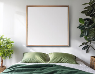 Poster Mockup with a wooden square thin frame, Minimal aesthetic green tropical  wood bedroom