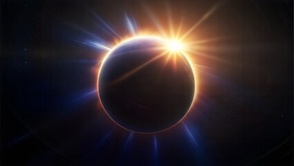 Obraz premium Glowing solar eclipse with rays of light shooting from the darkened moon, black sky