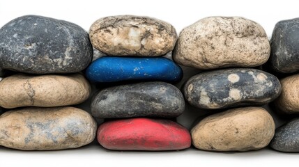 A stack of smooth stones, featuring a few painted in bright colors.