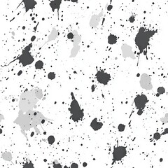 Seamless Pattern - Abstract grayscale ink splatters on white background.