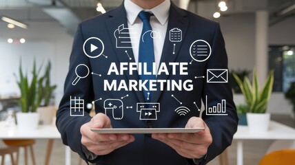 Man presents affiliate marketing strategies on a digital tablet