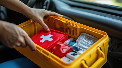 Naklejka premium A person organizing a first aid kit inside a vehicle.