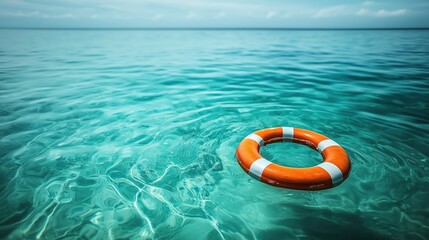 A bright orange lifebuoy floating on calm, clear turquoise water.