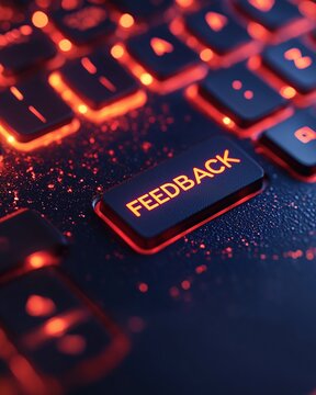 A close-up of a glowing feedback button on a dark keyboard.