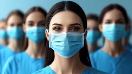 A group of healthcare workers in blue scrubs and masks, focused and ready for action.