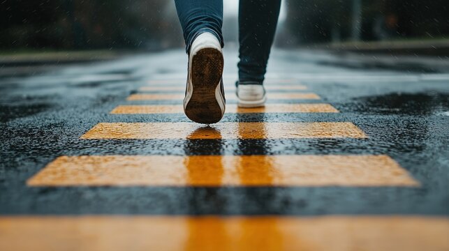 A person walking on a wet street with yellow crosswalk lines in the rain.