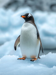 Obraz premium Gentoo penguin standing on ice in a chilly environment