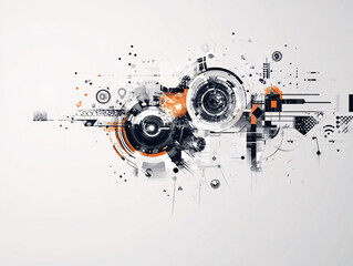 Obraz premium A complex high-tech abstract digital composition with circular and geometric black orange and white elements 