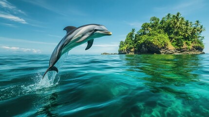 Fototapeta premium A playful dolphin leaping out of crystal-clear ocean waters, with a tropical island in the background.