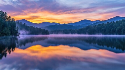 Fototapeta premium A serene mountain range with mist rolling over the peaks during sunrise, vibrant sky reflecting on a calm lake below