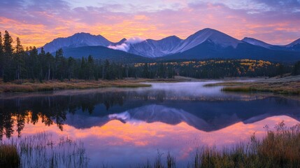 Fototapeta premium A serene mountain range with mist rolling over the peaks during sunrise, vibrant sky reflecting on a calm lake below
