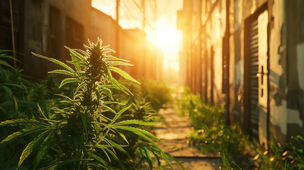 Lush green cannabis plants growing in an urban alleyway with golden sunlight streaming through abandoned buildings
