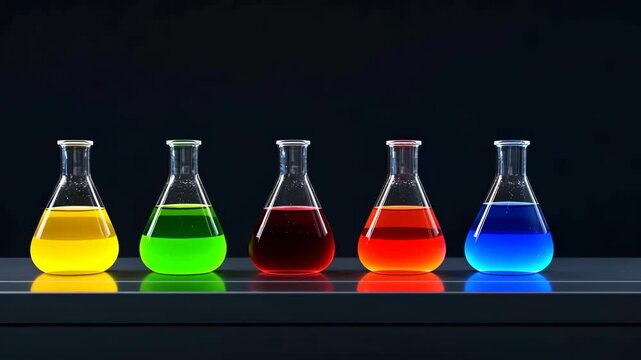 Vibrant chemical experiment with colorful fluorescent beakers on lab table