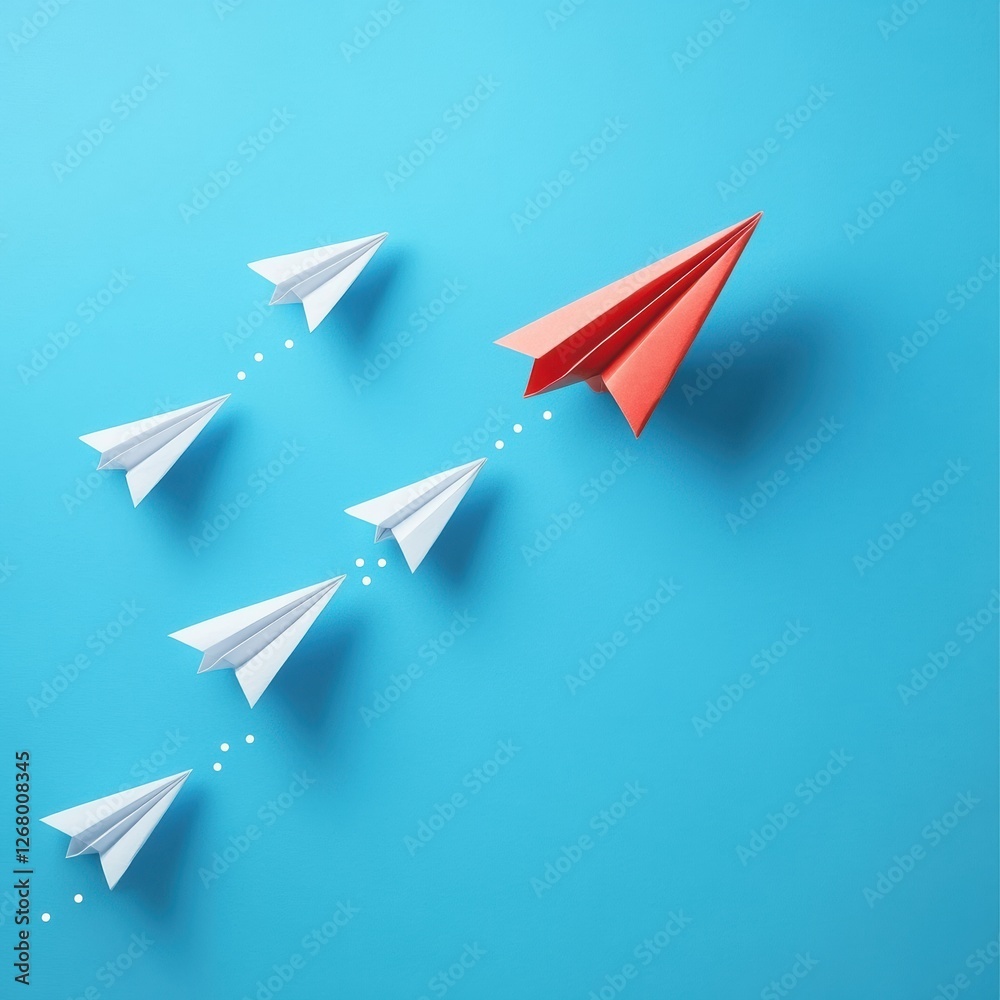 Poster group of paper planes flying in one direction with one individual diverging for innovative solutions