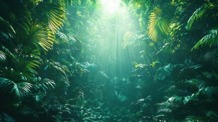 Lush green jungle with sunlight filtering through dense foliage.