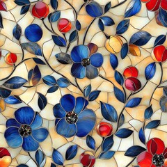 Seamless Pattern - Stained glass floral pattern, blue and red flowers.