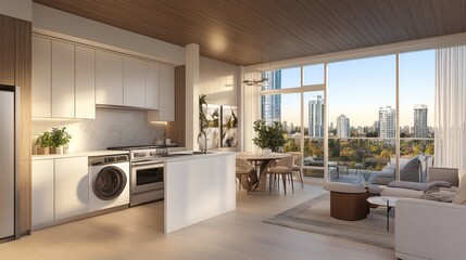 Fototapeta premium Modern Open Plan Kitchen Living Space With City View