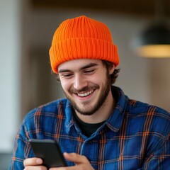Fototapeta premium man in orange Beanie looking at phone and smiling.