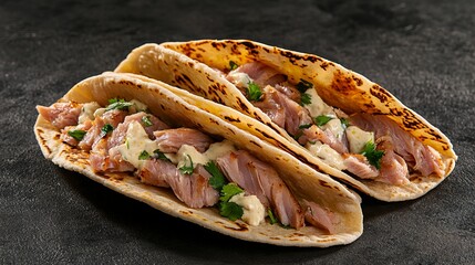 Delicious tacos filled with seasoned fish, creamy sauce, and cilantro. A perfect meal!
