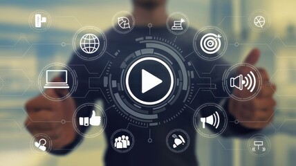 Man gives thumbs up surrounded by digital marketing icons