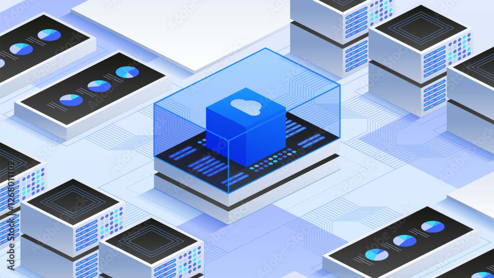 Poster advanced digital ecosystem featuring cloud solutions, virtualized servers, and connected data system