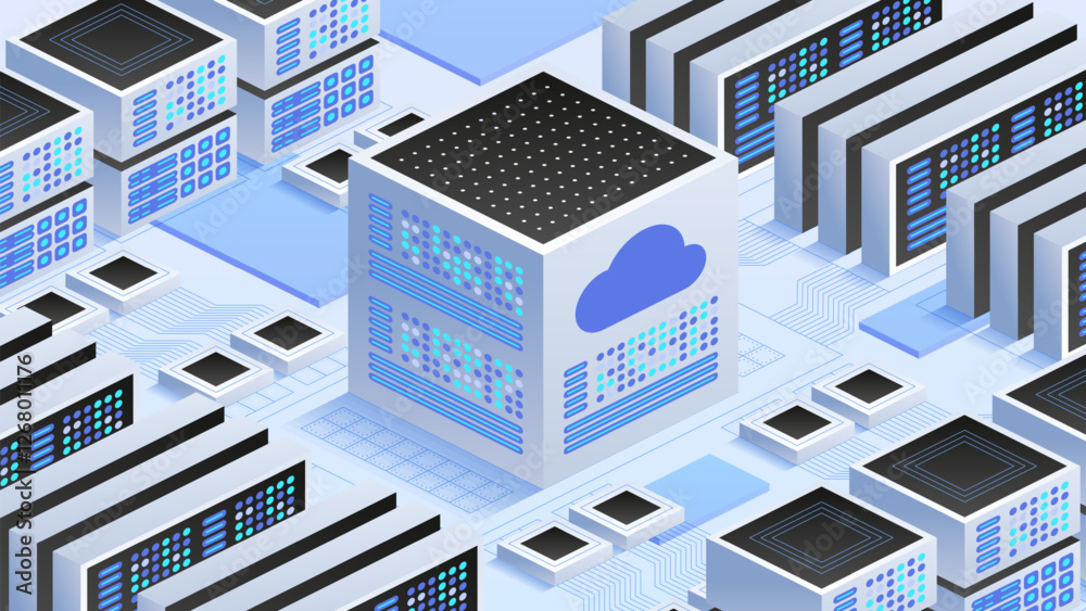 Poster vector isometric illustration it architecture with connected servers, cloud services, and virtual ne