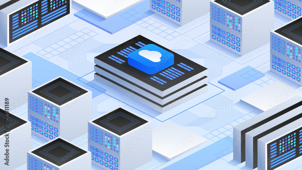 Poster advanced it infrastructure featuring interconnected servers, cloud platforms, and virtualized networ
