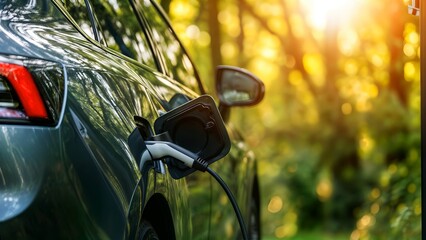 Electric car stands amid lush forest, charging cable humming with eco power. Eco synergy resonates as nature filters golden light, eco perspective fueling brand demand, driving impact.