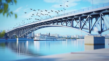 Obraz premium A serene view of a bridge over a calm river with birds flying above.