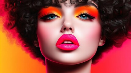 Fototapeta premium Close-up of a woman with vibrant makeup and curly hair. Bold orange eyeshadow and bright pink lips pop against a warm background.